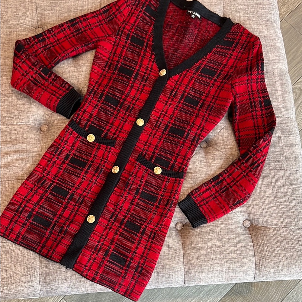Red and Black Plaid Cardigan with Gold Buttons
Fashion Nova